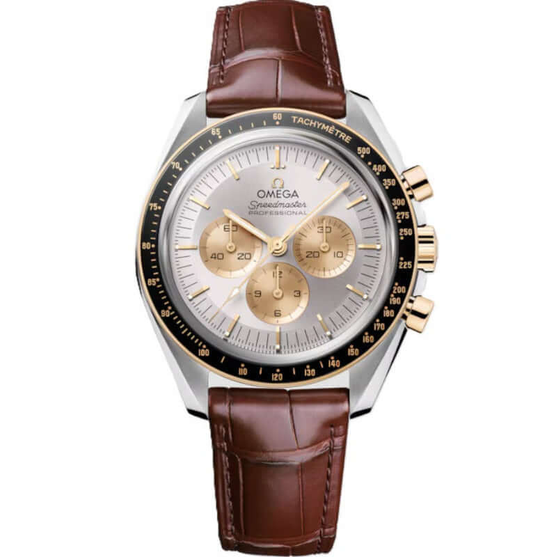 Omega Speedmaster Moonwatch chronograph with bi-colour stainless steel and 18K Moonshine™ Gold features.