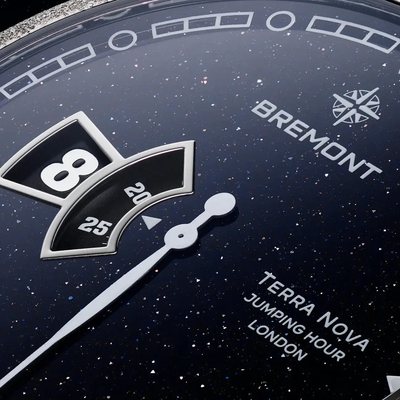 Close-up of a Bremond watch face with 'Terra Nova' branding
Bremont Terra Nova Jumping Hour Aventurine TN40-JH-FS-BLAV-L-S Bandiera Jewellers