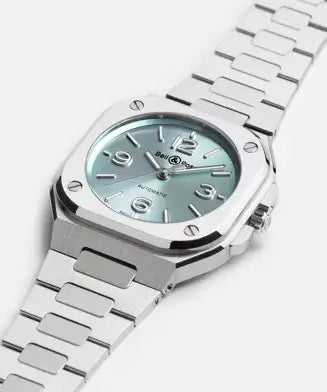 Silver watch with a light blue face on a white background
Bell & Ross BR-05 36mm Ice Blue Steel BR05A-S-BU-ST/SST Bandiera Jewellers