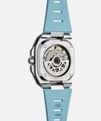 Watch with a blue strap and visible mechanical components on a white background
Bell & Ross BR-X5 Ice Blue Steel BRX5R-IB-ST/SRB Bandiera Jewellers