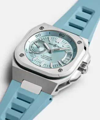 Wristwatch with blue strap and silver case on a white background
Bell & Ross BR-X5 Ice Blue Steel BRX5R-IB-ST/SRB Bandiera Jewellers