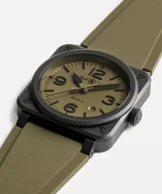 Watch with beige face and green strap on a white background
Bell & Ross BR-03 Military Ceramic BR03A-MIL-CE/SRB Bandiera Jewellers