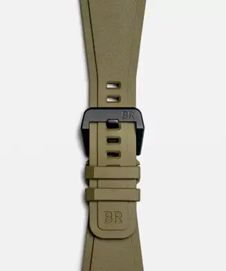 Khaki watch strap with black hardware on a white background
Bell & Ross BR-03 Military Ceramic BR03A-MIL-CE/SRB Bandiera Jewellers