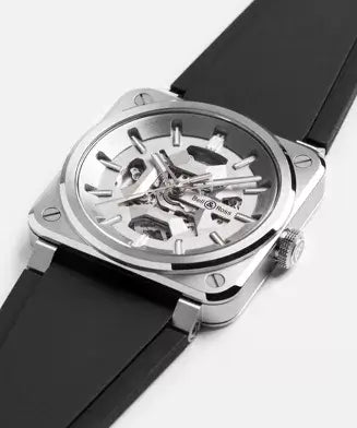 Sleek watch with black strap and silver case on a white background
Bell & Ross BR-03 Skeleton Grey Steel BR03A-GR-SKST/SRB Bandiera Jewellers
