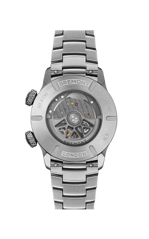 Silver Bremont watch with visible brand name on a white background
Bremont Altitude MB Meteor Orange Barrel ALT42-MT-TI-BKOR-B Bandiera Jewellers