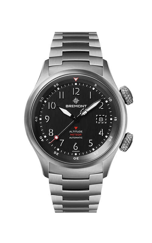 Bremont watch with black dial and silver bracelet on a white background
Bremont Altitude MB Meteor Orange Barrel ALT42-MT-TI-BKOR-B Bandiera Jewellers
