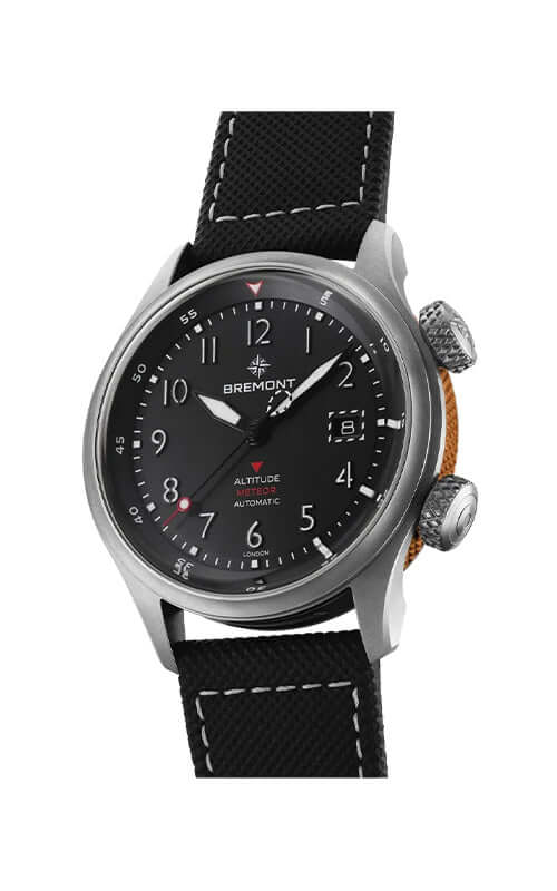 Wristwatch with black dial and strap on a white background
Bremont Altitude MB Meteor Orange Barrel ALT42-MT-TI-BKOR-L-S Bandiera Jewellers
