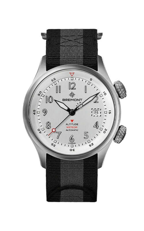 Bremont watch with black strap and white face on a white background
Bremont Altitude MB Meteor Orange Barrel ALT42-MT-TI-SIOR-N-S Bandiera Jewellers