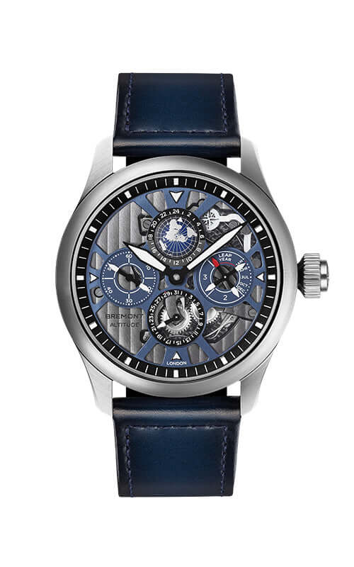 Watch with blue leather strap and transparent face on a white background
Bremont Altitude Skeletonised Perpetual Calendar GMT ALT42-PER-TI-BLSKL-B Bandiera Jewellers