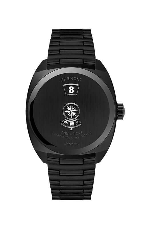 Black wristwatch with brand name on a white background
Bremont Terra Nova Jumping Hour Stealth Black TN38-JH-DLC-CC-B Bandiera Jewellers