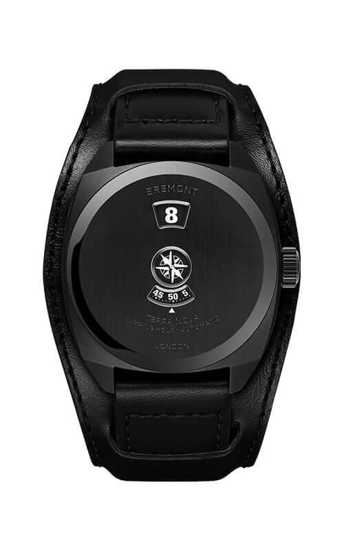 Black wristwatch with a detailed face on a white background
Bremont Terra Nova Jumping Hour Stealth Black TN38-JH-DLC-CC-L-S Bandiera Jewellers
