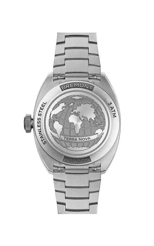 Silver watch with world map engraving on a white background
Bremont Terra Nova Jumping Hour TN38-JH-SS-CC-B Bandiera Jewellers