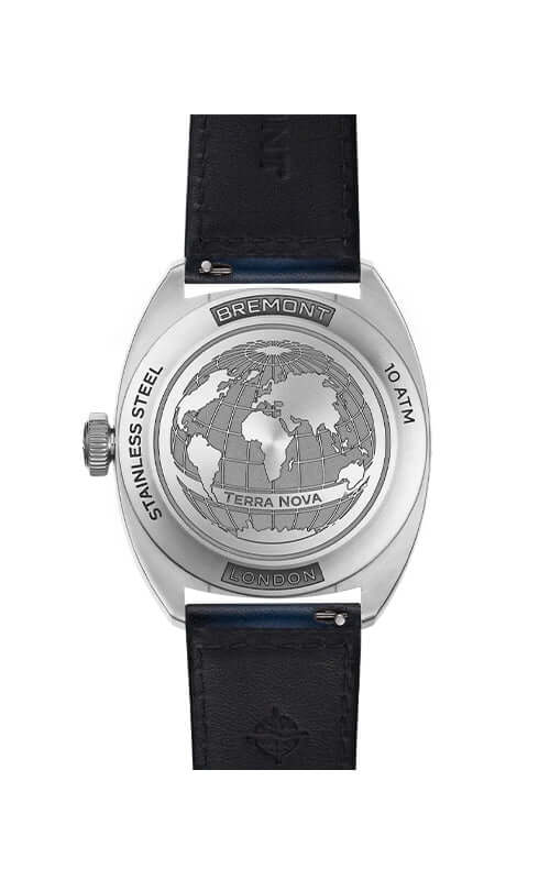 Watch with black leather strap and silver case on a white background
Bremont Terra Nova Jumping Hour Aventurine TN40-JH-FS-BLAV-L-S Bandiera Jewellers