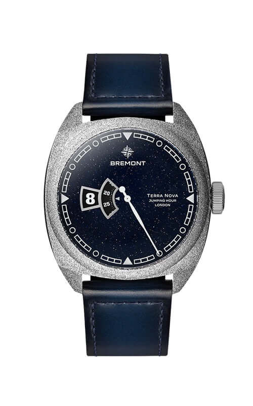 Bremont watch with black leather strap and detailed face on a white background
Bremont Terra Nova Jumping Hour Aventurine TN40-JH-FS-BLAV-L-S Bandiera Jewellers