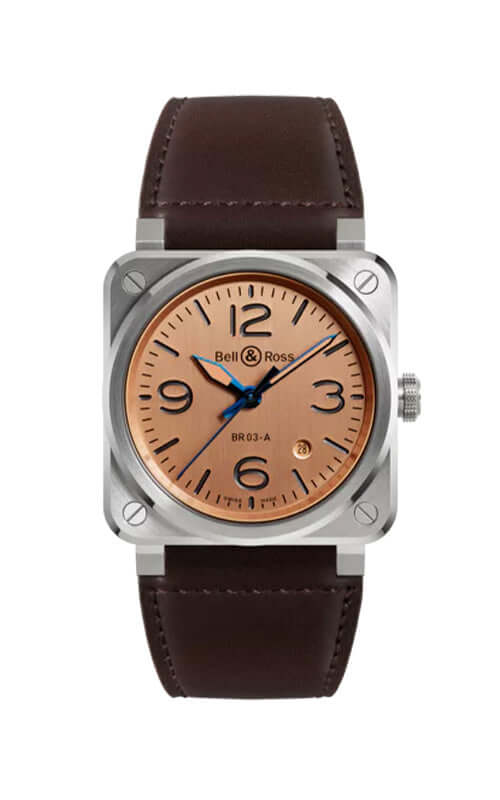 Bell & Ross watch with brown leather strap and rose gold dial on a white background
Bell & Ross BR-03 Copper BR03A-GB-ST/SCA Bandiera Jewellers