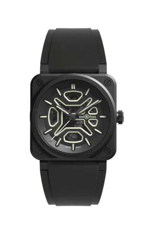 Black watch with a unique face design on a white background
Bell & Ross BR-03 Skeleton Lum Ceramic BR03A-LM-SKCE/SRB Bandiera Jewellers