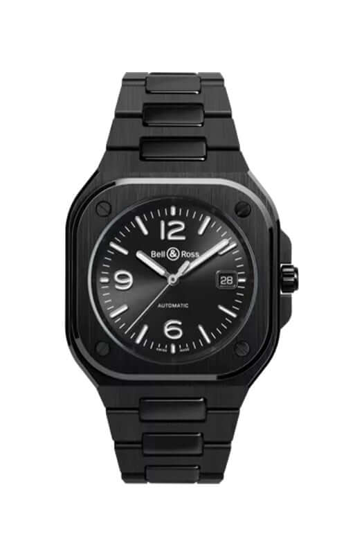 Black watch with a detailed face on a white background
Bell & Ross BR-05 Black Ceramic BR05A-BL-CE/SCE Bandiera Jewellers
