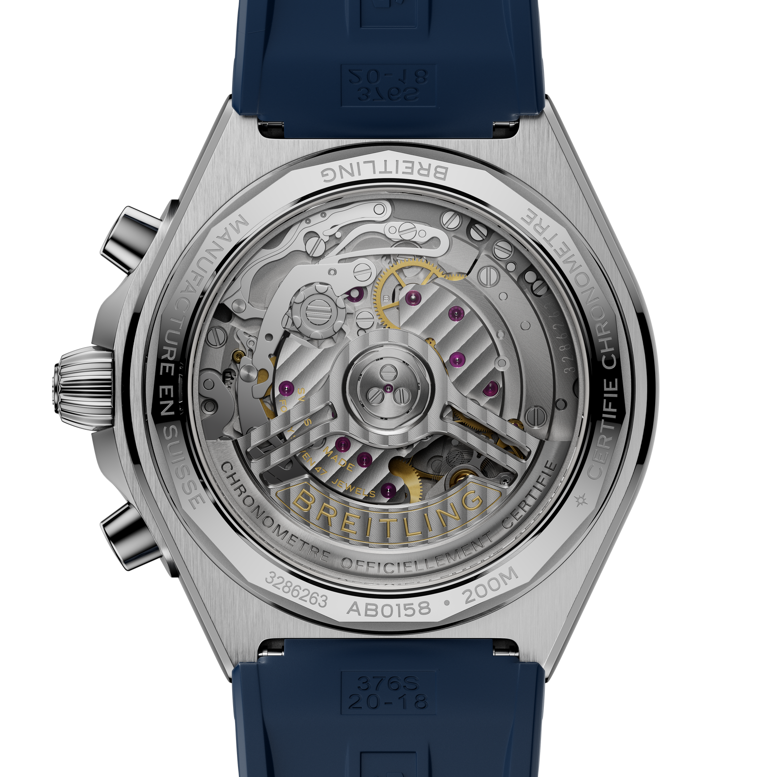 Close-up of a Breitling watch with visible mechanical components on a white background
Breitling Chronomat B01 42 AB0158101C1S1 Bandiera Jewellers