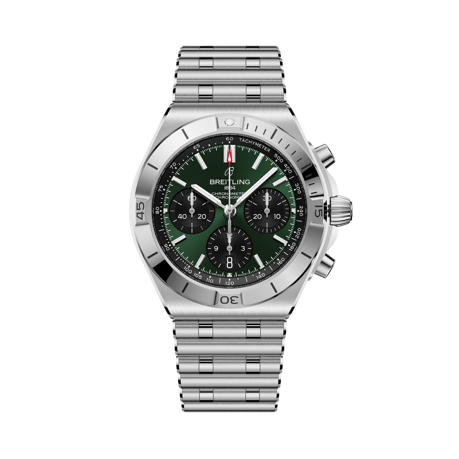 Silver Breitling watch with a green face on a white background
Breitling Chronomat B01 42 AB0158101L1A1 Bandiera Jewellers