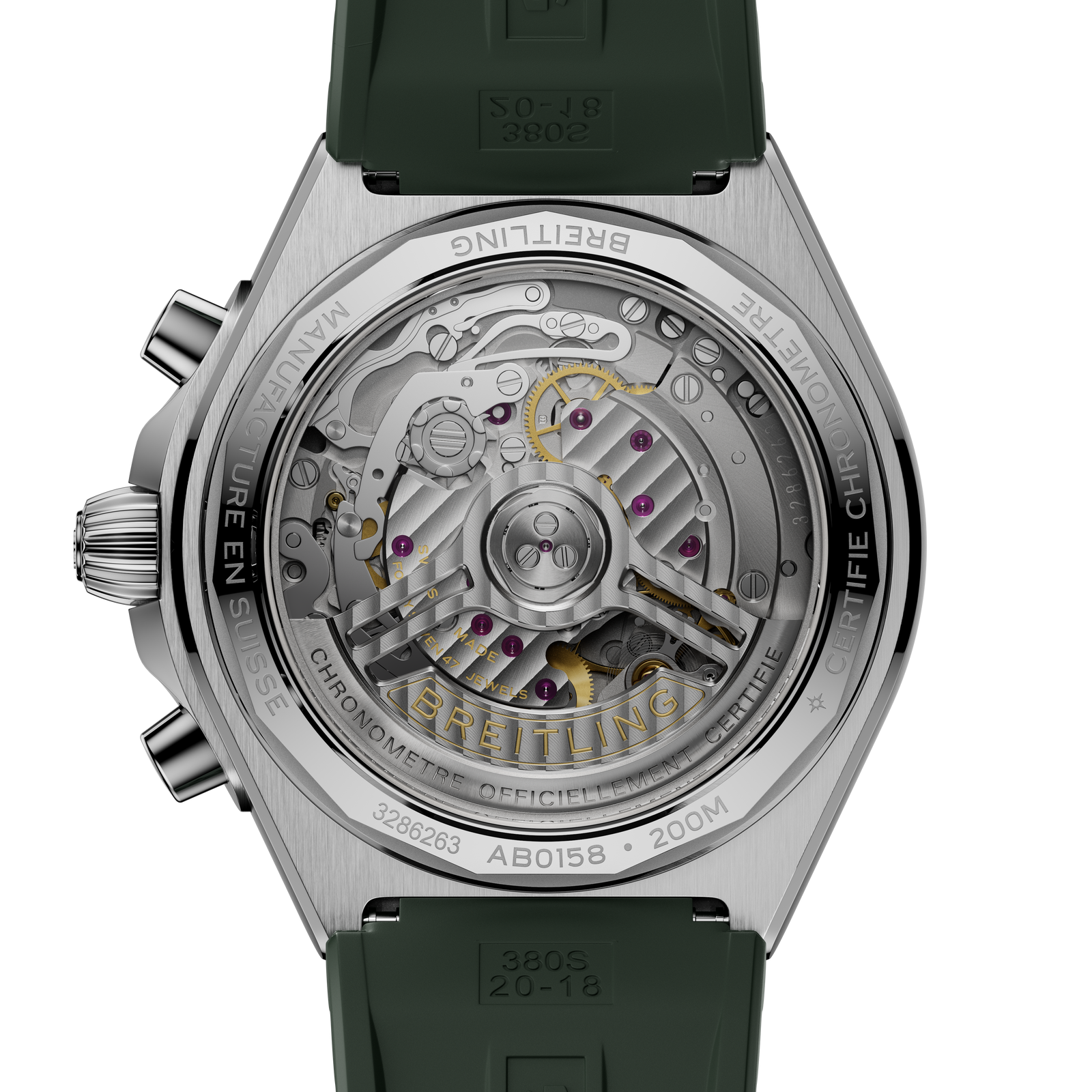 Close-up of a Breitling watch with visible mechanical components on a white background
Breitling Chronomat B01 42 AB0158101L1S1 Bandiera Jewellers