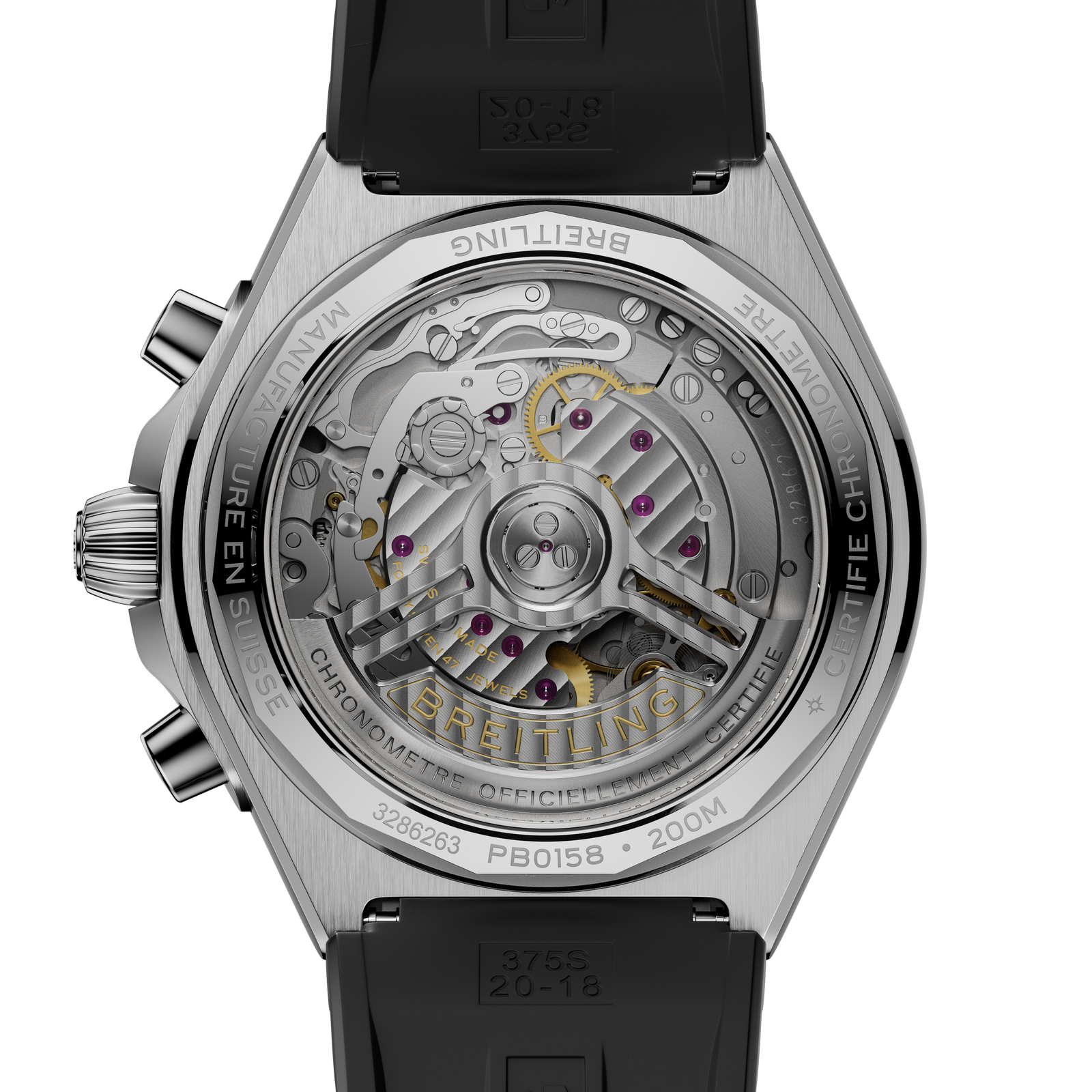 Close-up of a Breitling watch with visible mechanical components on a white background
Breitling Chronomat B01 42 PB0158101C1S1 Bandiera Jewellers