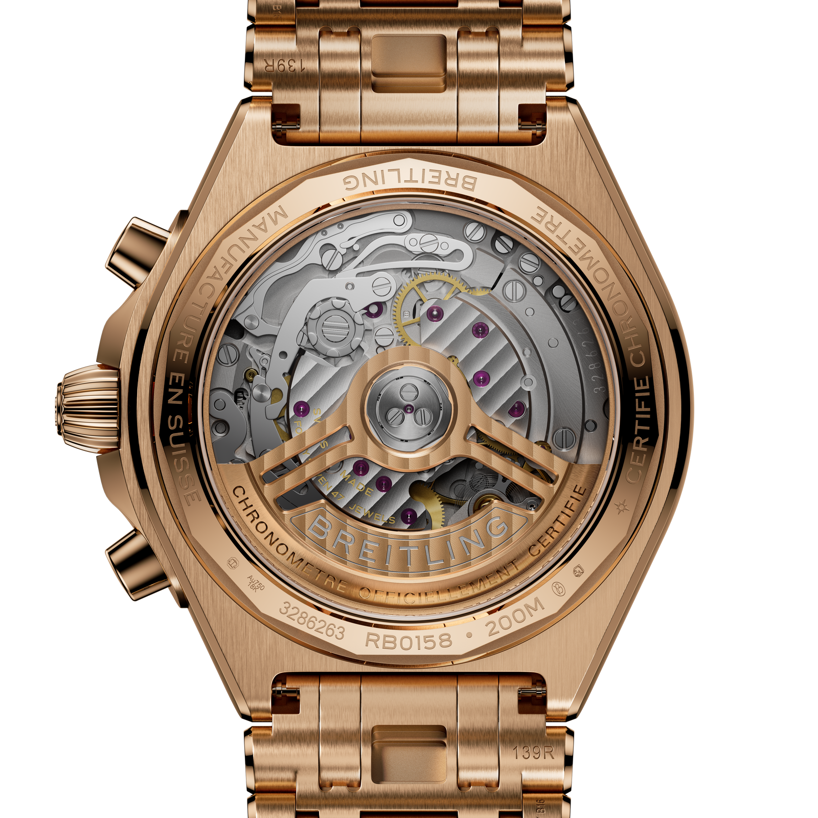 Rose gold Breitling watch with mechanical components on a white background
Breitling Chronomat B01 42 RB0158101Q1R1 Bandiera Jewellers