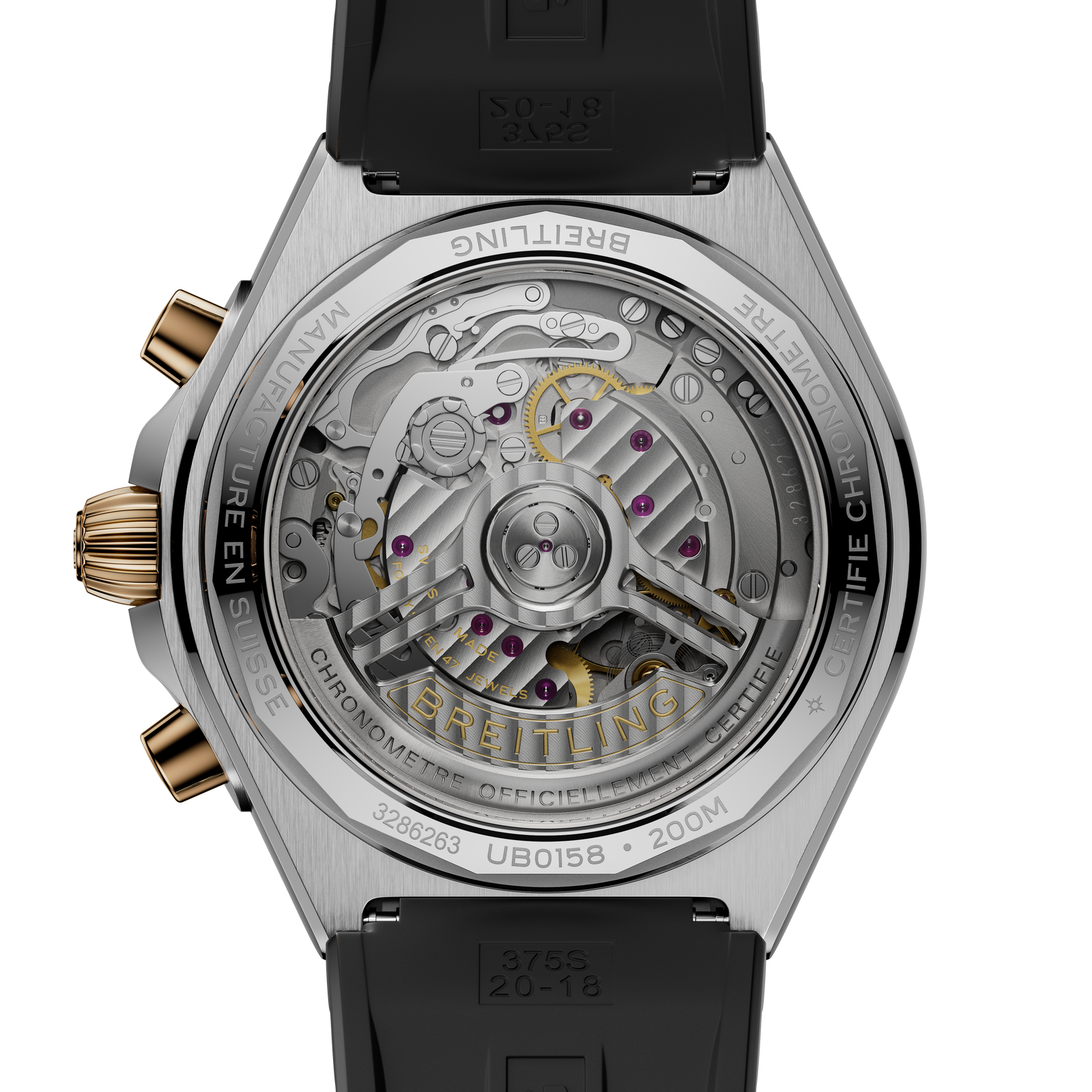Close-up of a Breitling watch with visible mechanical components on a white background
Breitling Chronomat B01 42 UB0158101B1 Bandiera Jewellers