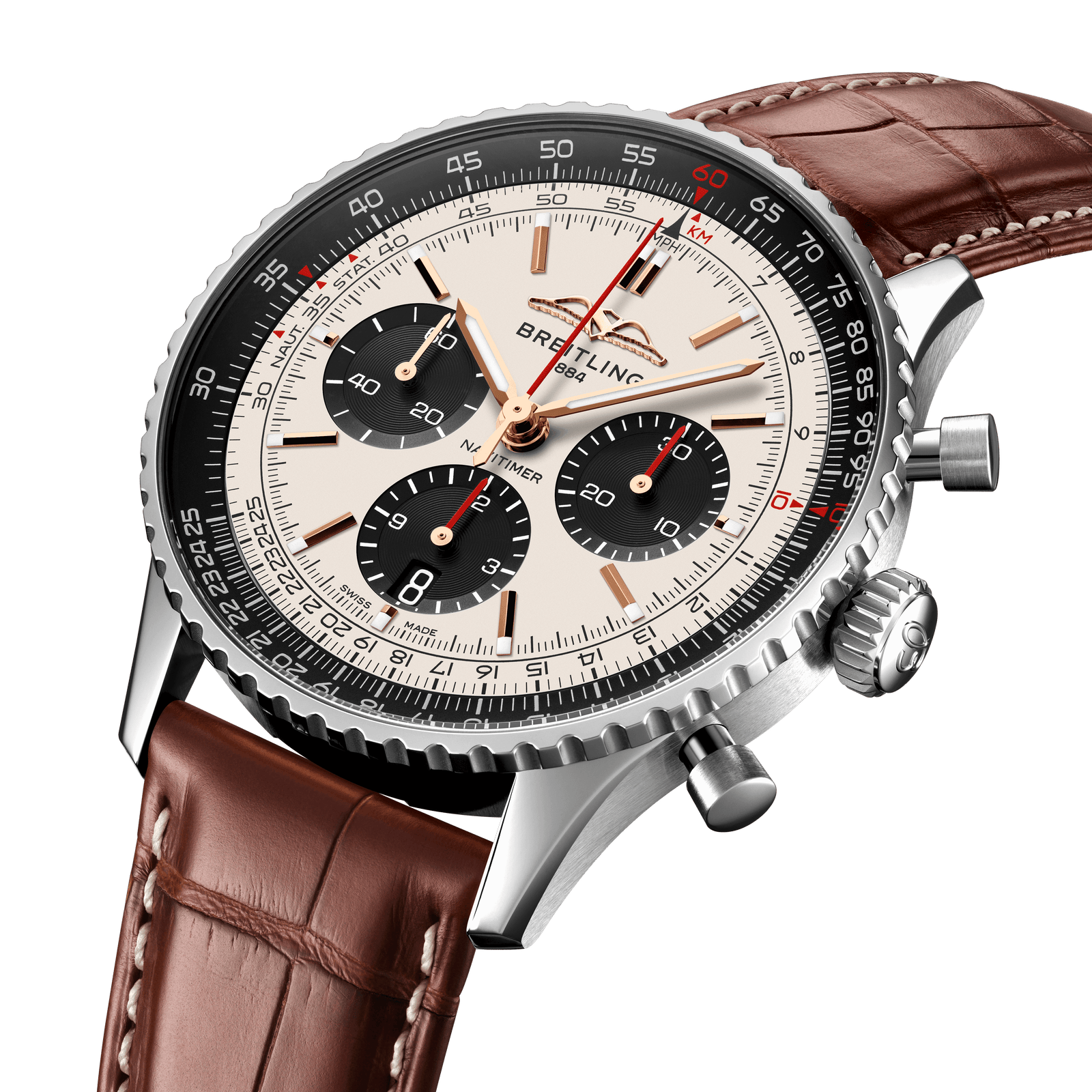 Luxury Breitling watch with brown leather strap on white background
Breitling Navitimer B01 Chronograph 43 North America Limited AB01381E1G1P1 Bandiera Jewellers