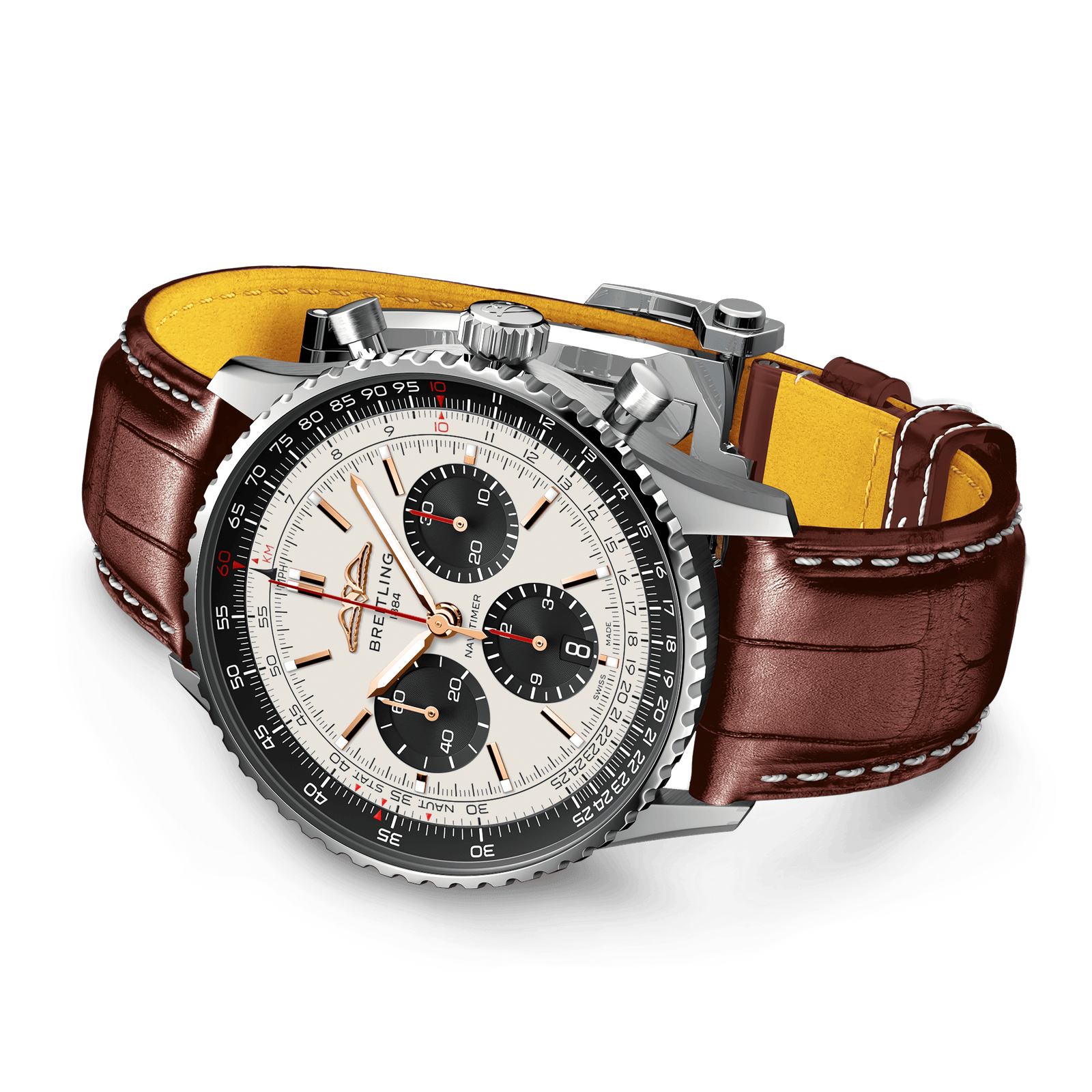 Luxury watch with brown leather strap and yellow interior on a white background
Breitling Navitimer B01 Chronograph 43 North America Limited AB01381E1G1P1 Bandiera Jewellers