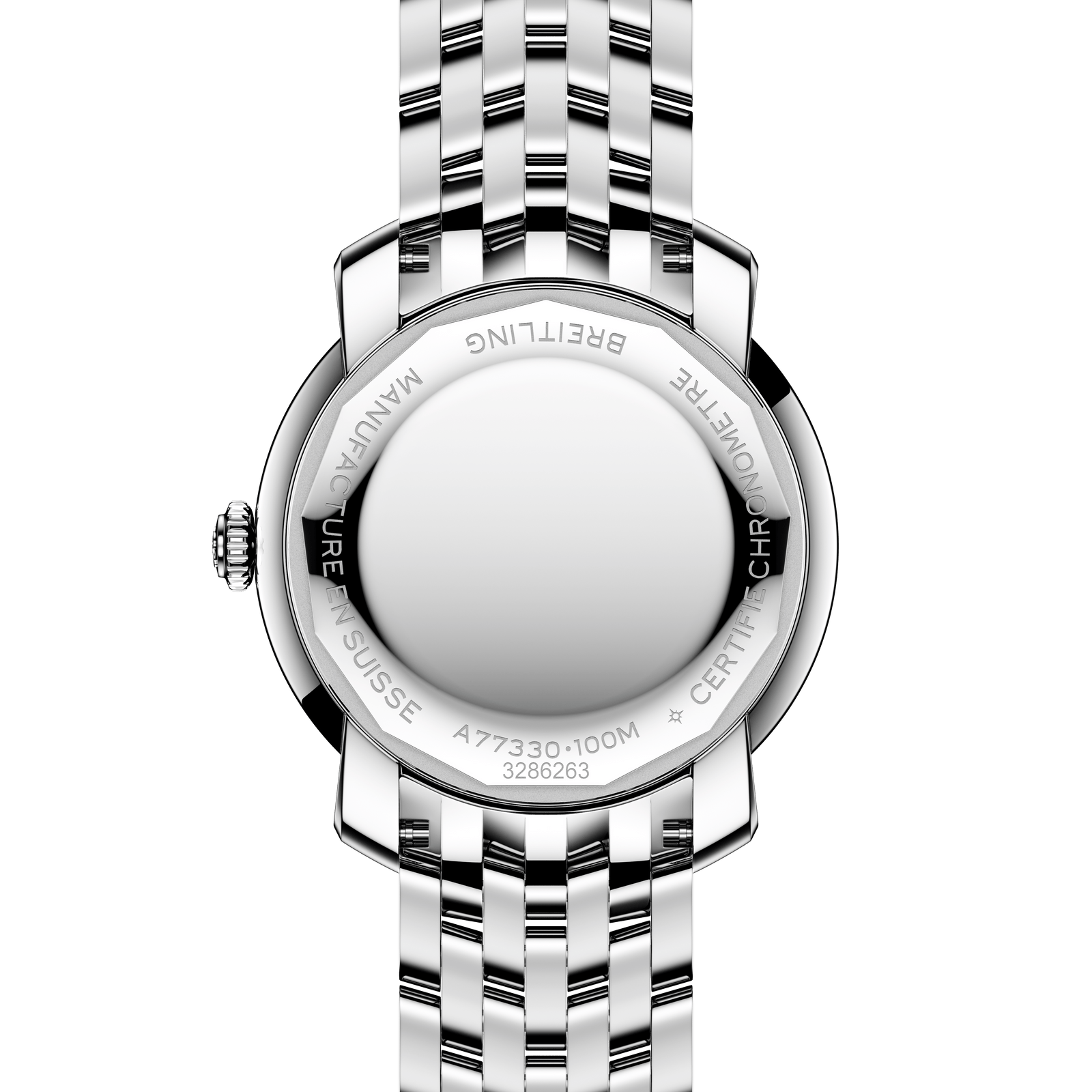 Silver watch with detailed branding on a white background
Breitling Lady Premier 32 A77330671C1A1 Bandiera Jewellers