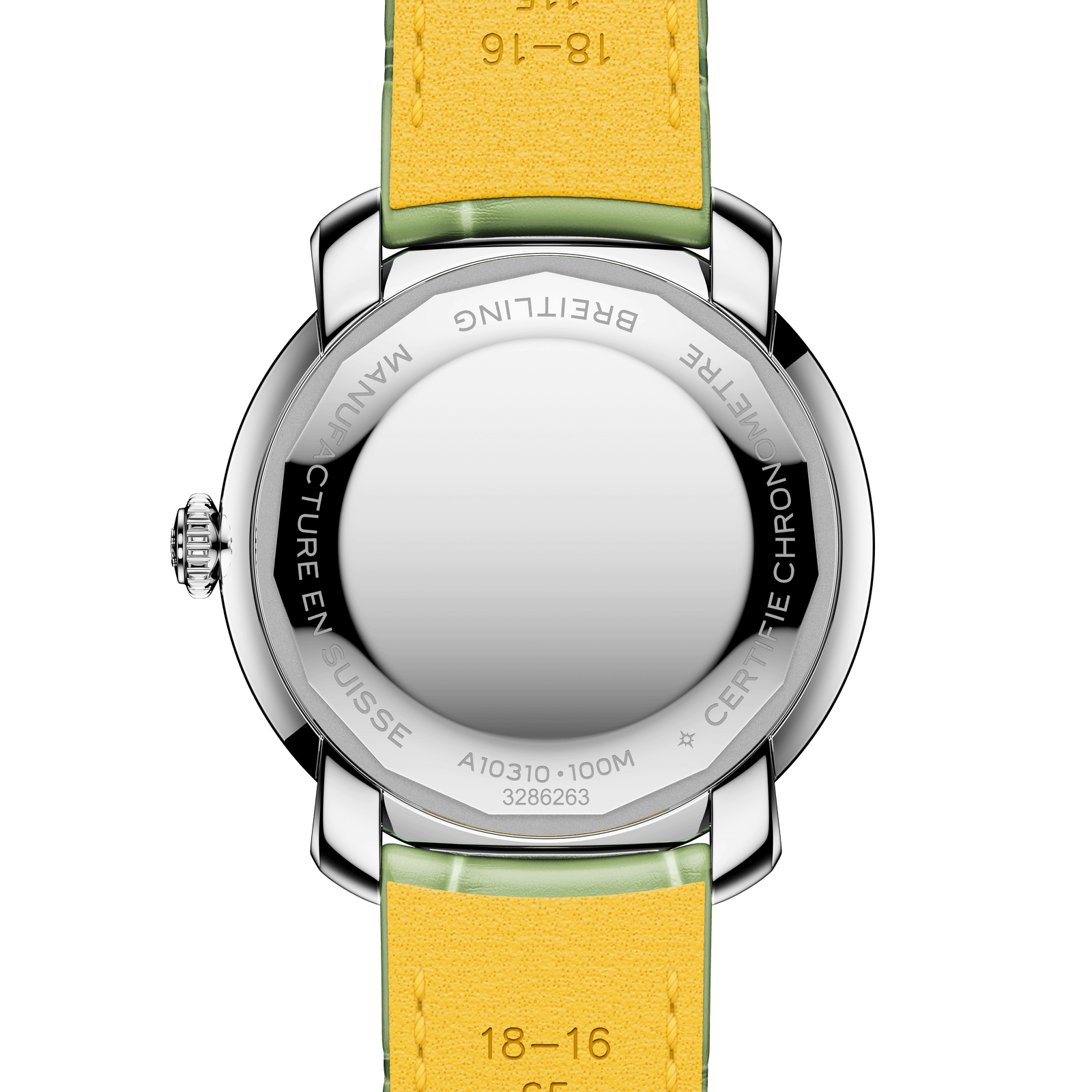 Watch with a yellow strap and silver case on a white background
Breitling Lady Premier 36 A10310671L1P1 Bandiera Jewellers