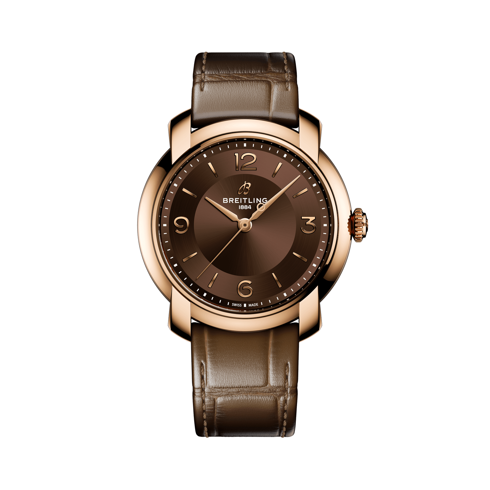 Brown Breitling watch with brown strap on white background
Breitling Lady Premier 36 R1031012101P1 Bandiera Jewellers