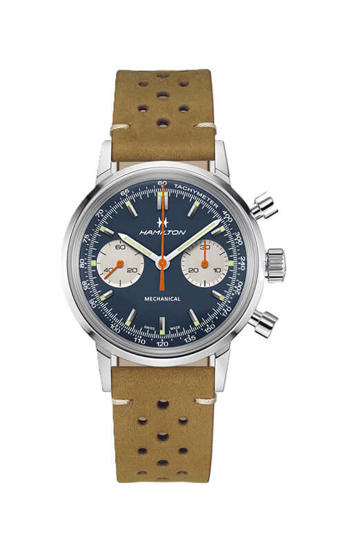 Hamilton watch with brown leather strap and blue dial on white background
Hamilton Intra-Matic Auto Chrono H38429541 / Bandiera Jewellers