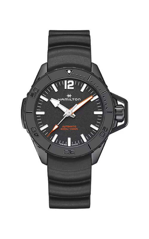 Black Hamilton watch with a white face on a white background
Hamilton Khaki Frogman Auto H77855330 Bandiera Jewellers