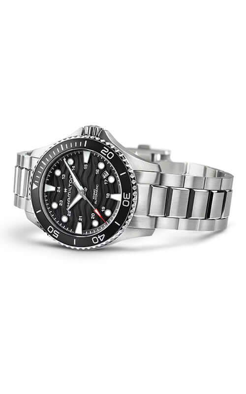 Silver watch with a black dial on a white background
Hamilton Khaki Navy Scuba H82415130 Bandiera Jewellers