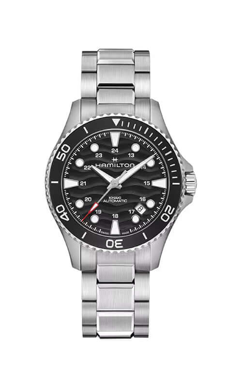 Hamilton watch with black dial and silver bracelet on a white background
Hamilton Khaki Navy Scuba H82415130 Bandiera Jewellers