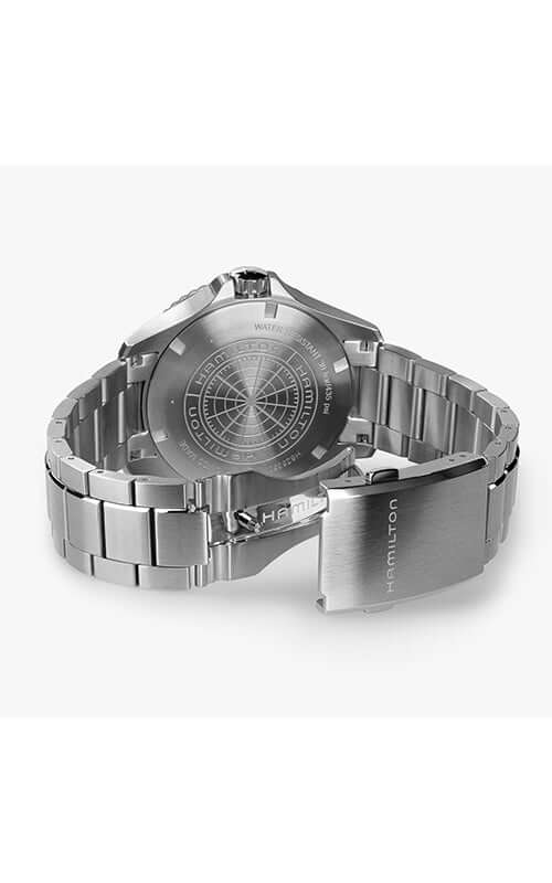 Silver watch with detailed back design on a white background
Hamilton Khaki Navy Scuba GMT H82535140 / Bandiera Jewellers
