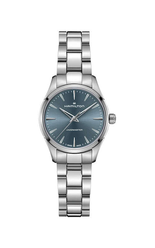 Silver Hamilton watch with blue dial on a white background
Hamilton Jazzmaster Quartz 32mm H32301141 Bandiera Jewellers