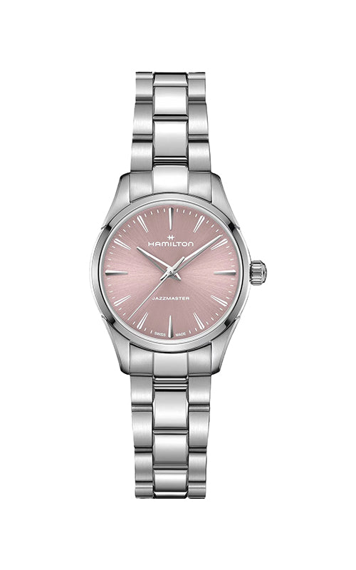 Silver watch with a pink face on a white background
Hamilton Jazzmaster Quartz 32mm H32301171 Bandiera Jewellers