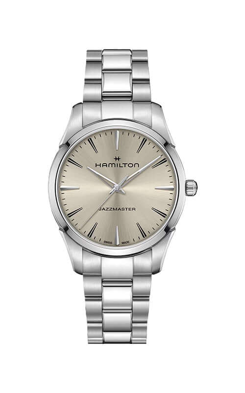 Silver Hamilton watch with a beige face on a white background
Hamilton Jazzmaster Quartz 40mm H32461121 Bandiera Jewellers