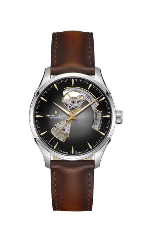 Watch with brown leather strap and black face on white background
Hamilton Jazzmaster Open Heart Watch H32675581 Bandiera Jewellers