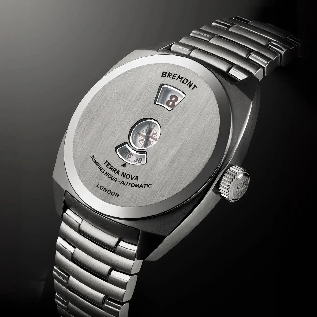 Silver Bremont watch with detailed case back on a dark background
Bremont Terra Nova Jumping Hour TN38-JH-SS-CC-B Bandiera Jewellers