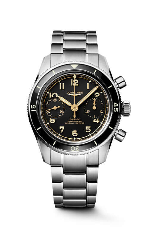 Silver watch with black face on a white background
Longines Spirit Pilot Flyback L37214536 Bandiera Jewellers