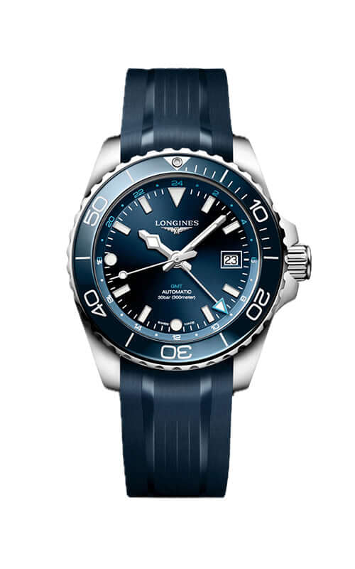 Blue watch with a white dial on a white background
Longines HydroConquest L37904969 | Bandiera Jewellers