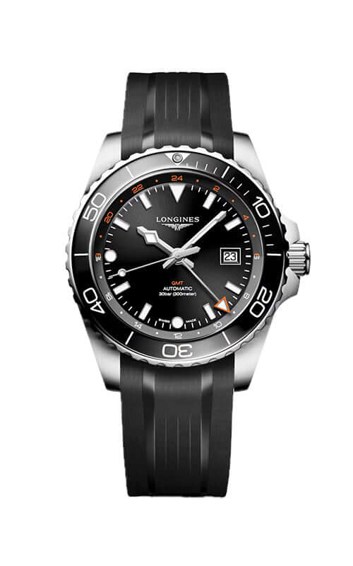 Longines watch with black dial and rubber strap on a white background
Longines HydroConquest GMT L38904569 | Bandiera Jewellers