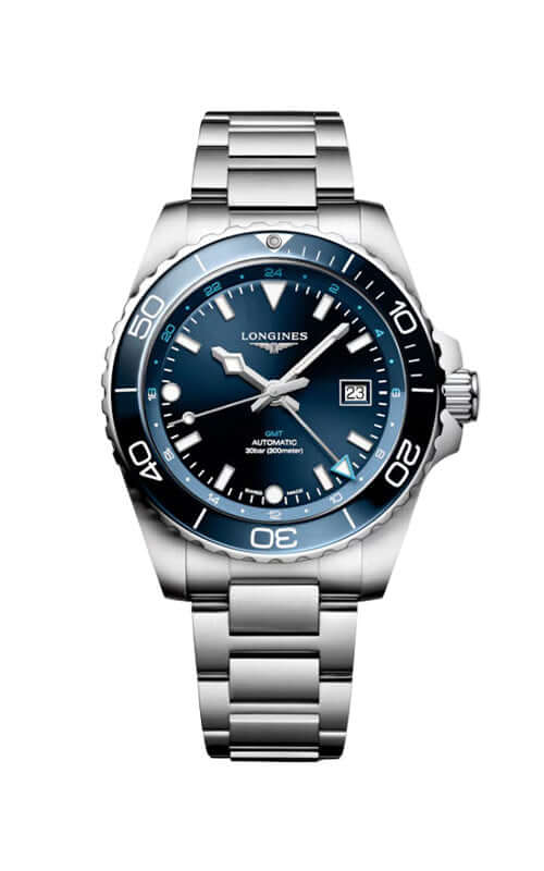 Silver watch with blue face on a white background
Longines HydroConquest GMT L38904966 Bandiera Jewellers