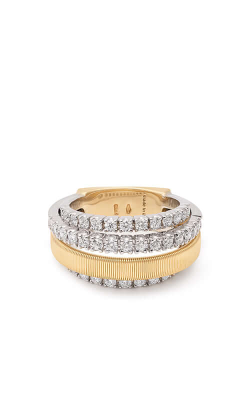 Two gold rings with diamond accents on a white background
Marco Bicego Masai 4-Band Ring AG363-B2-YW Bandiera Jewellers