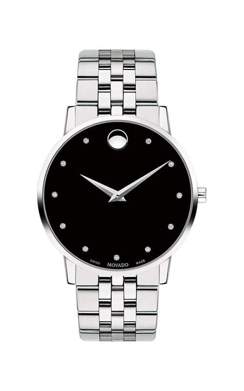 Silver watch with black face on a white background
Movado Museum Classic Watch 0607201 Bandiera Jewellers