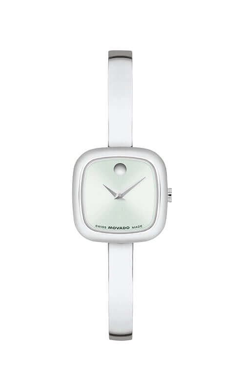 White wristwatch with a clear strap on a white background
Movado Museum Bangle 0608060 Bandiera Jewellers