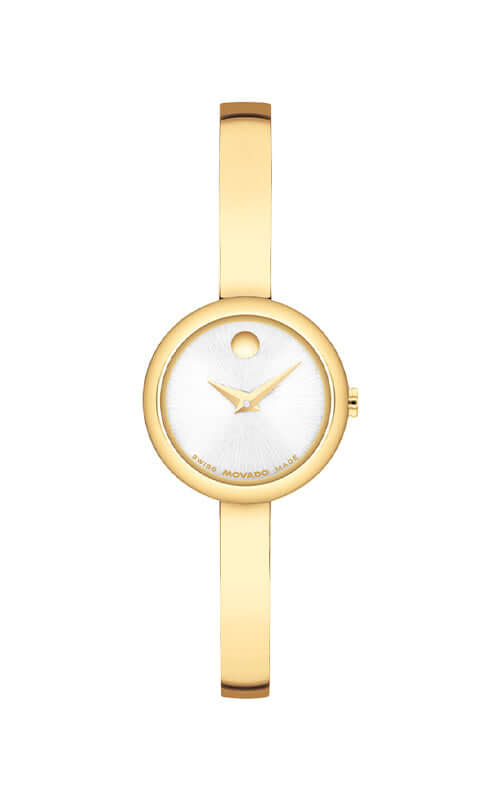 Gold wristwatch with a white face on a white background
Movado Museum Bangle 0608063 Bandiera Jewellers